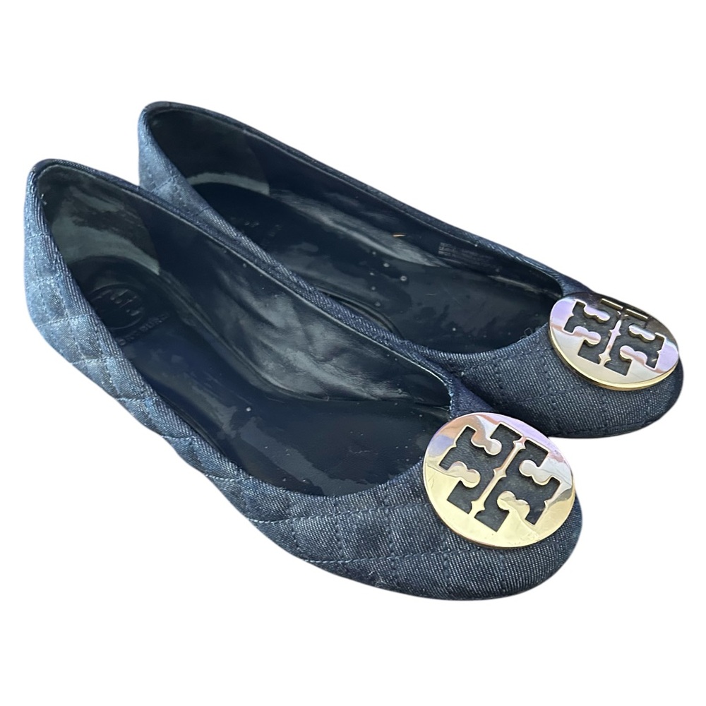 TORY BURCH Sz 9 Quinn Ballet Flat. Quilted blue denim